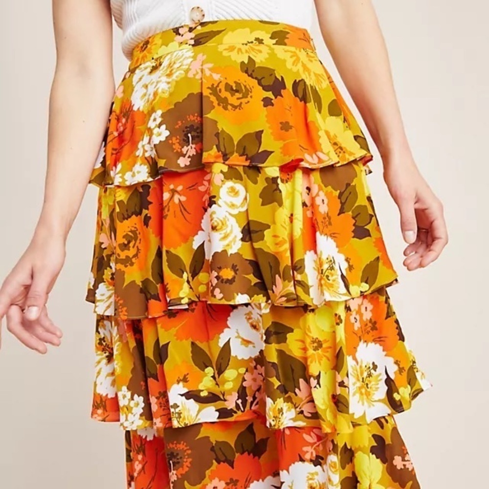 Anthropologie Wolven Mavis Tiered Midi Ruffle Floral Skirt 16190 - Picture 2 of 13